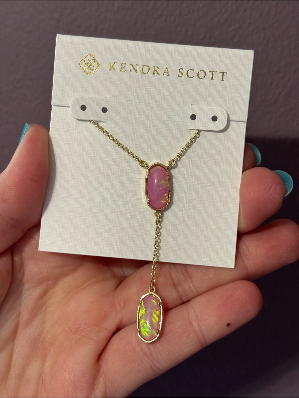 Kendra Scott Pink and Iridescent Gold Drop Lariat Necklace